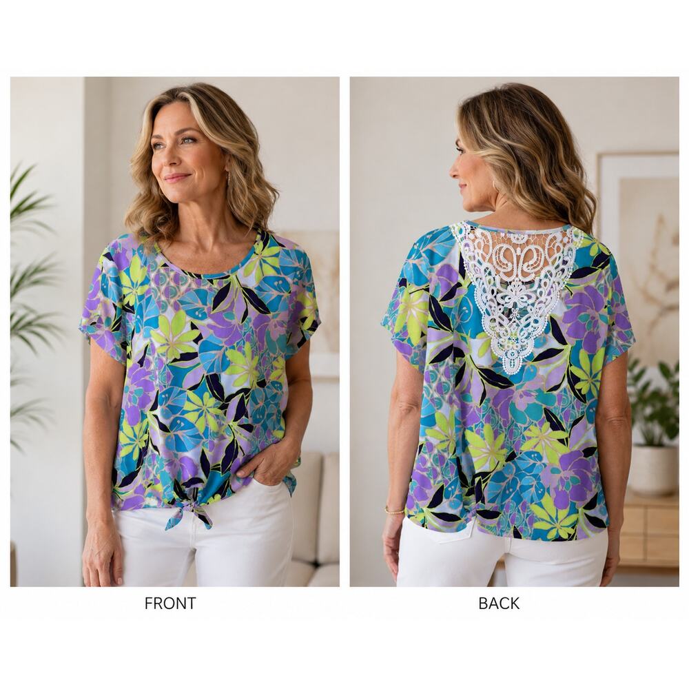 Stella & Ginger Purple White Floral Lace Back Flutter Sleeve Top NWOT Size 1X